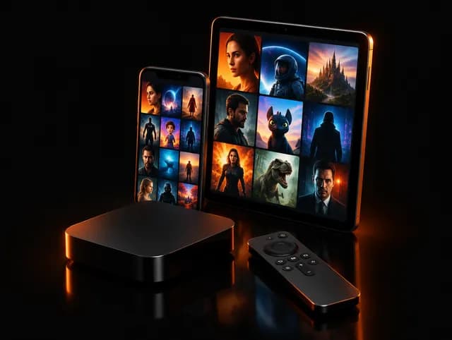 Tv-box, telefoon en tablet met films en series